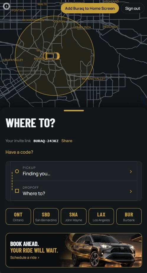 The Buraq booking screen with a map, “Where to?” and airport shortcuts
