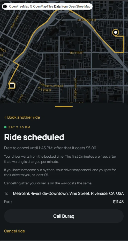 A scheduled ride with its cancellation deadline and waiting rules